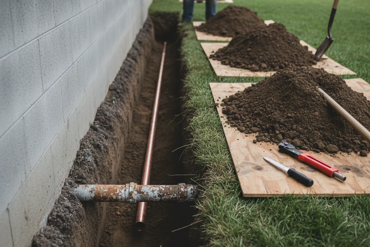 Excavated water line trench during Sewer Line Repair in Redbird